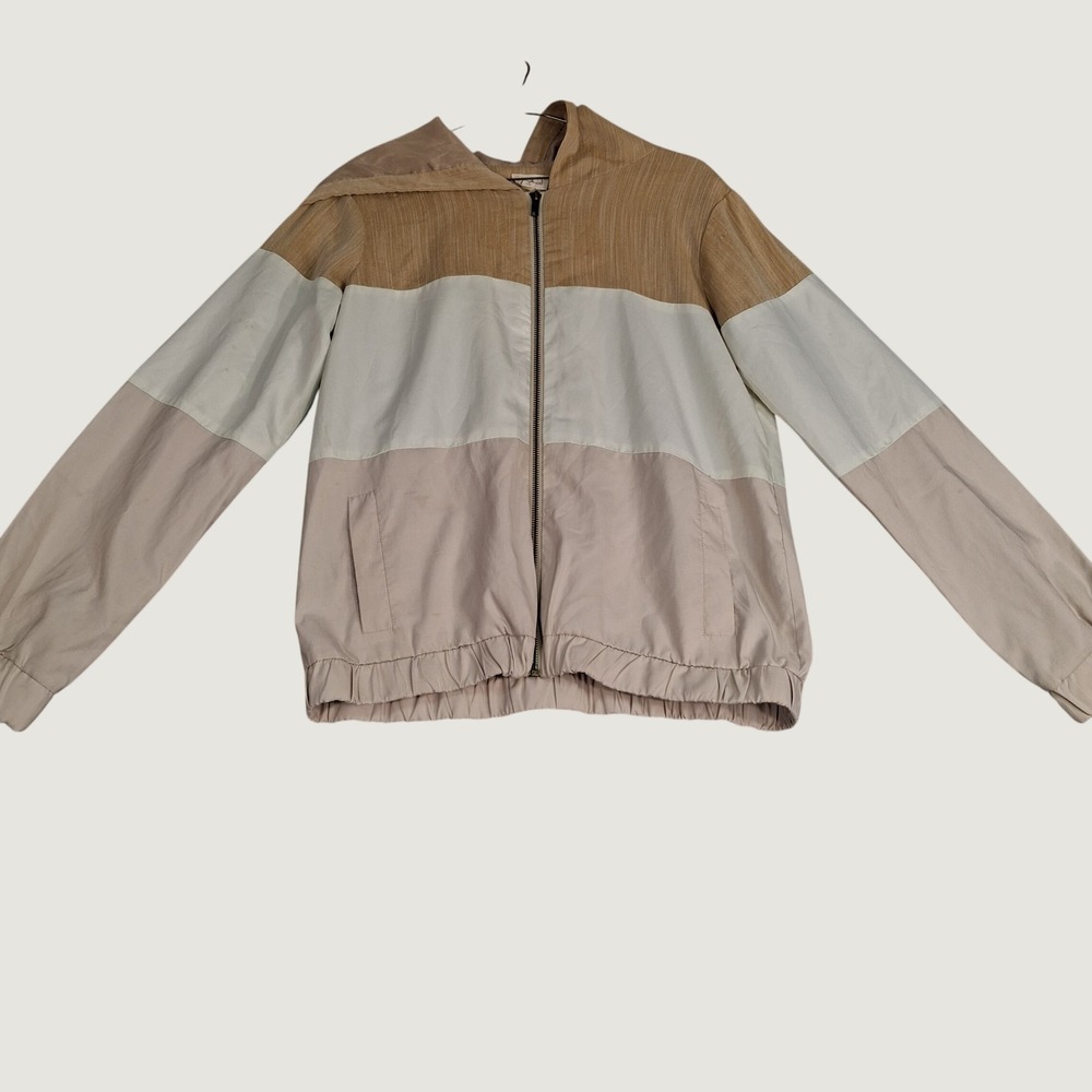Hem & Thread Windbreaker Jacket Womens Small Tan Colorblock Hooded Full Zip‎